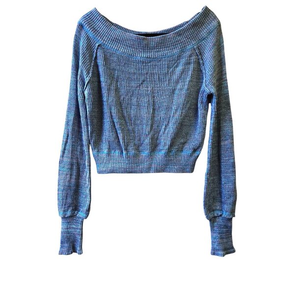 Free People Sugar Rush Sweater Blue Ribbed Off-Shoulder  Knit Pullover M - Picture 1 of 11